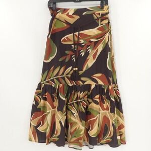 House of Harlow 1960 Skirt Womens Small Brown Boho Leaf Print‎ Tassel Midi Lined
